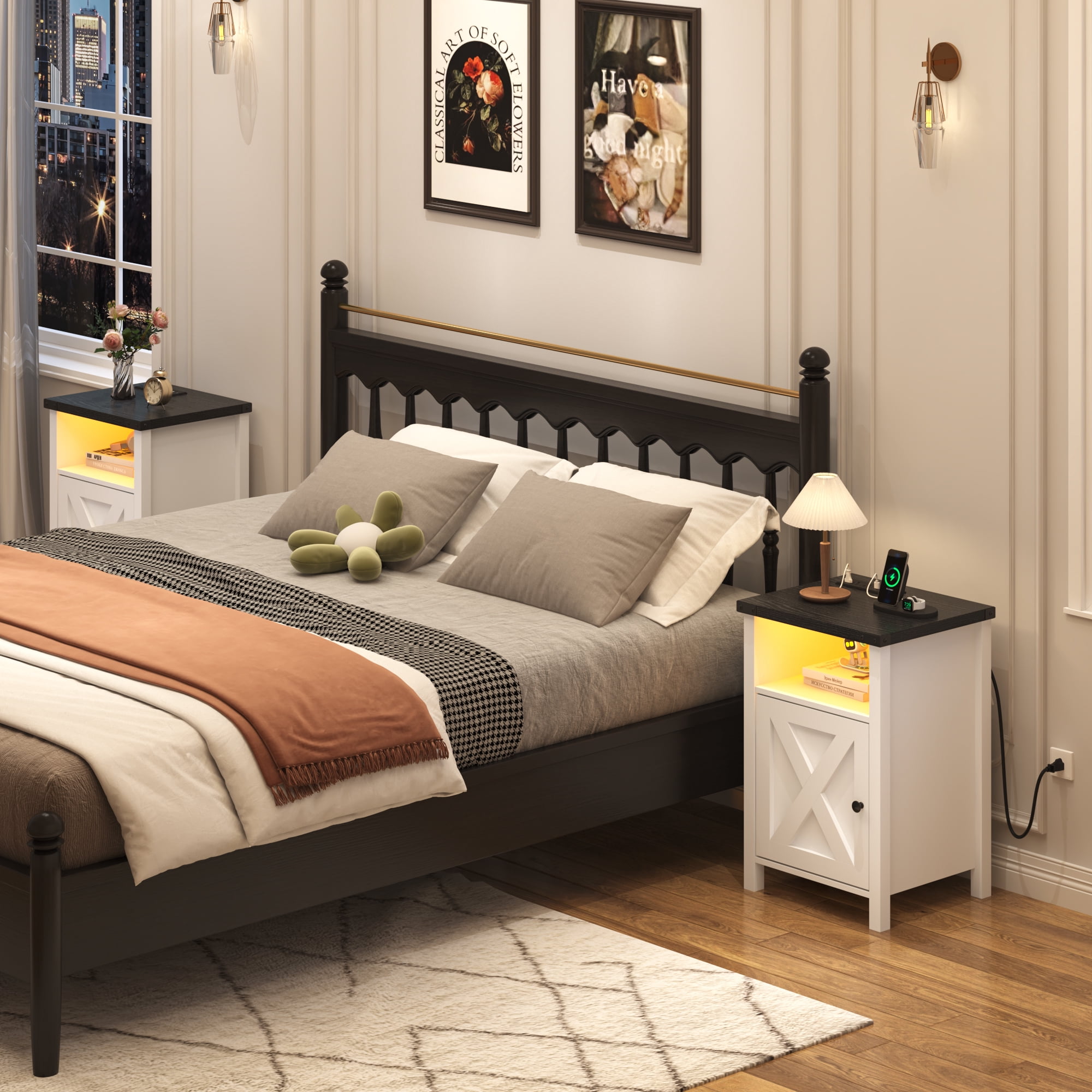 ChVans Farmhouse Set of 2 Nightstand with LED Lights & Charging Station for Bedroom, Rustic End Table with Barn Door & Storage Shelf for Living Room, Black&White