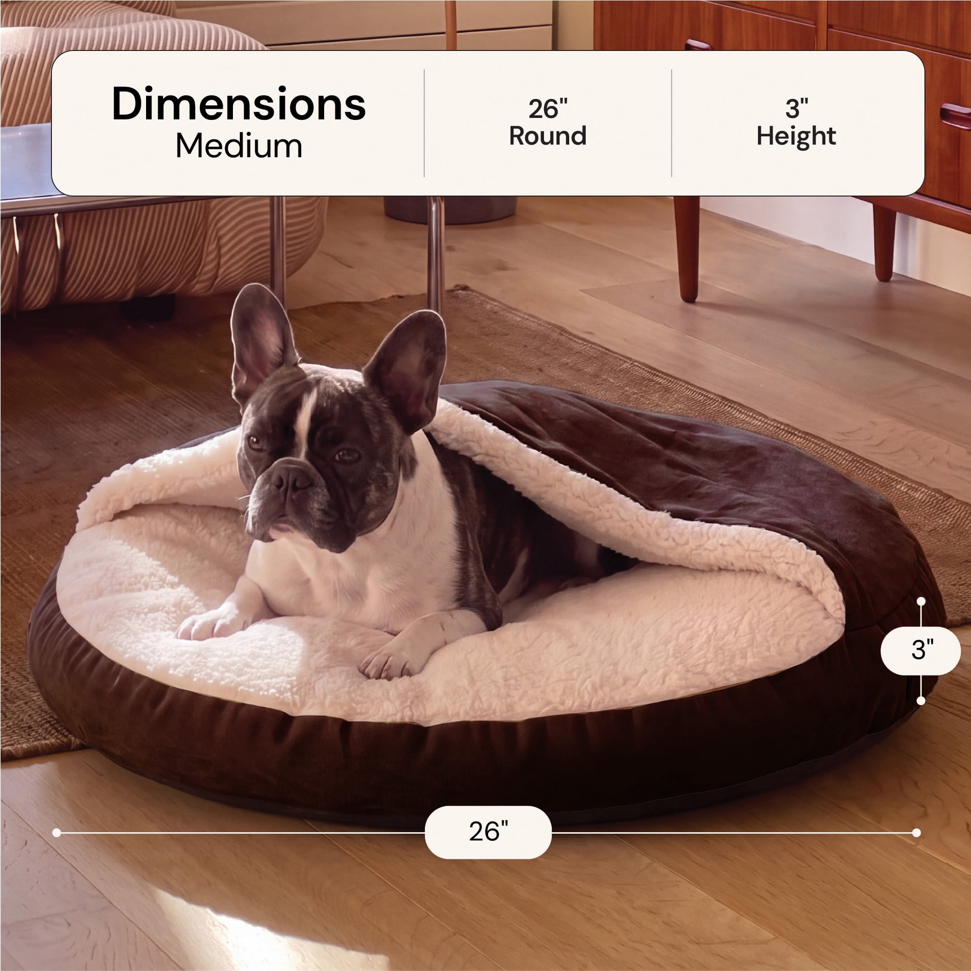 FurHaven Round Orthopedic Dog Bed for Medium Dogs, Egg Crate with a Solid Orthopedic Foam Base with Attached Blanket Hood and Removable Washable Cover, Medium, Sherpa & Suede Snuggery, Espresso