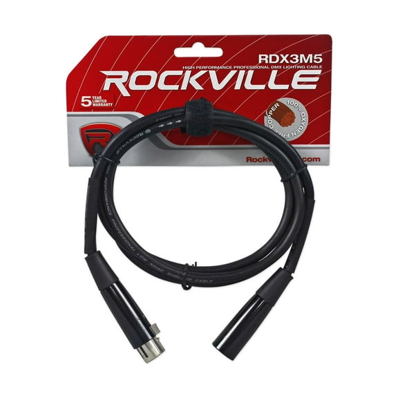 Rockville RDX3M5 3 Pin DMX Lighting Cable 5 Ft, 100% OFC Copper, 120 Ohm, Female to Male, Flexible, Durable, for DJs and Stage Lighting