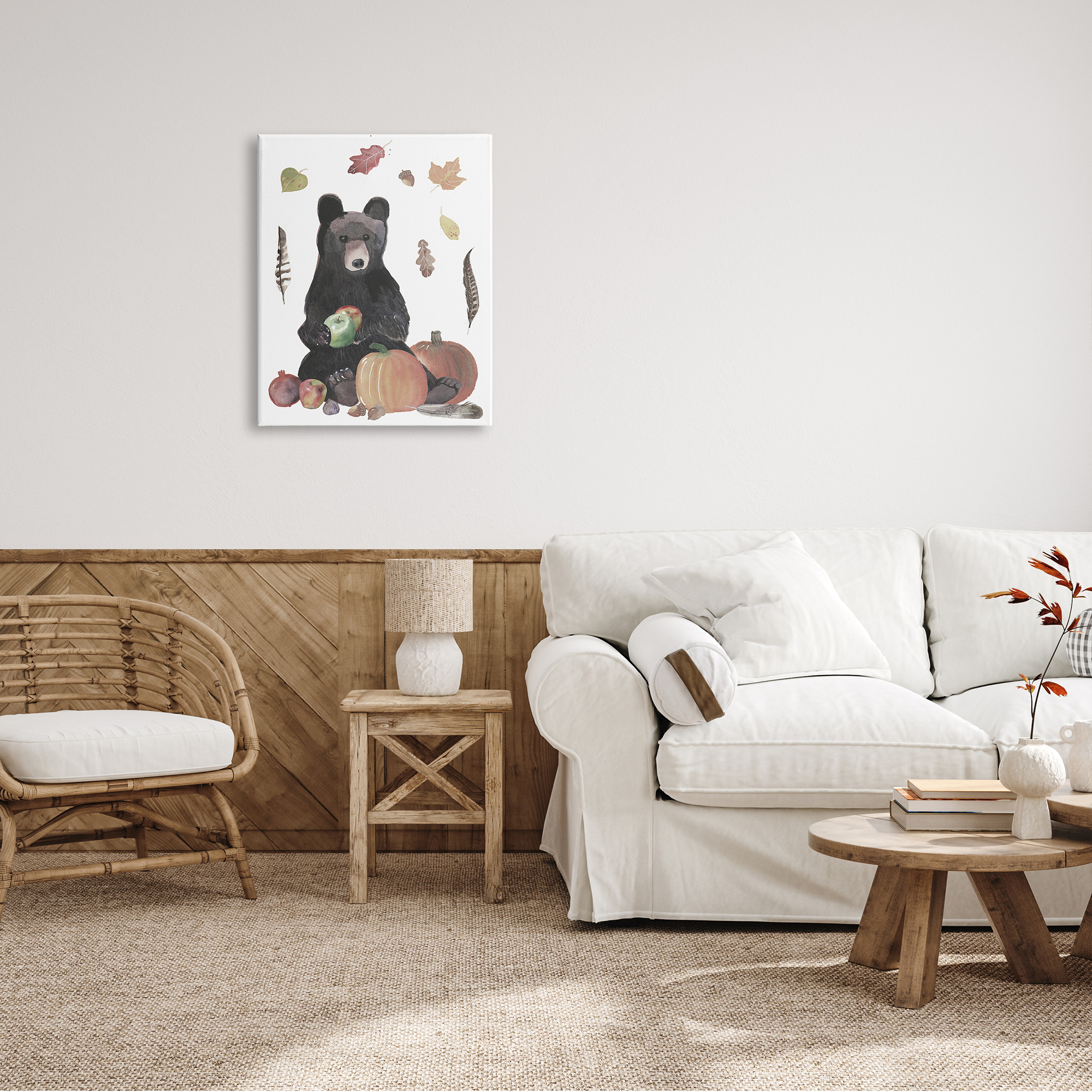 Stupell Industries Bear Cub Holding Apples Autumn Foliage and Pumpkins, 24 x 30,Design by Alicia Longley