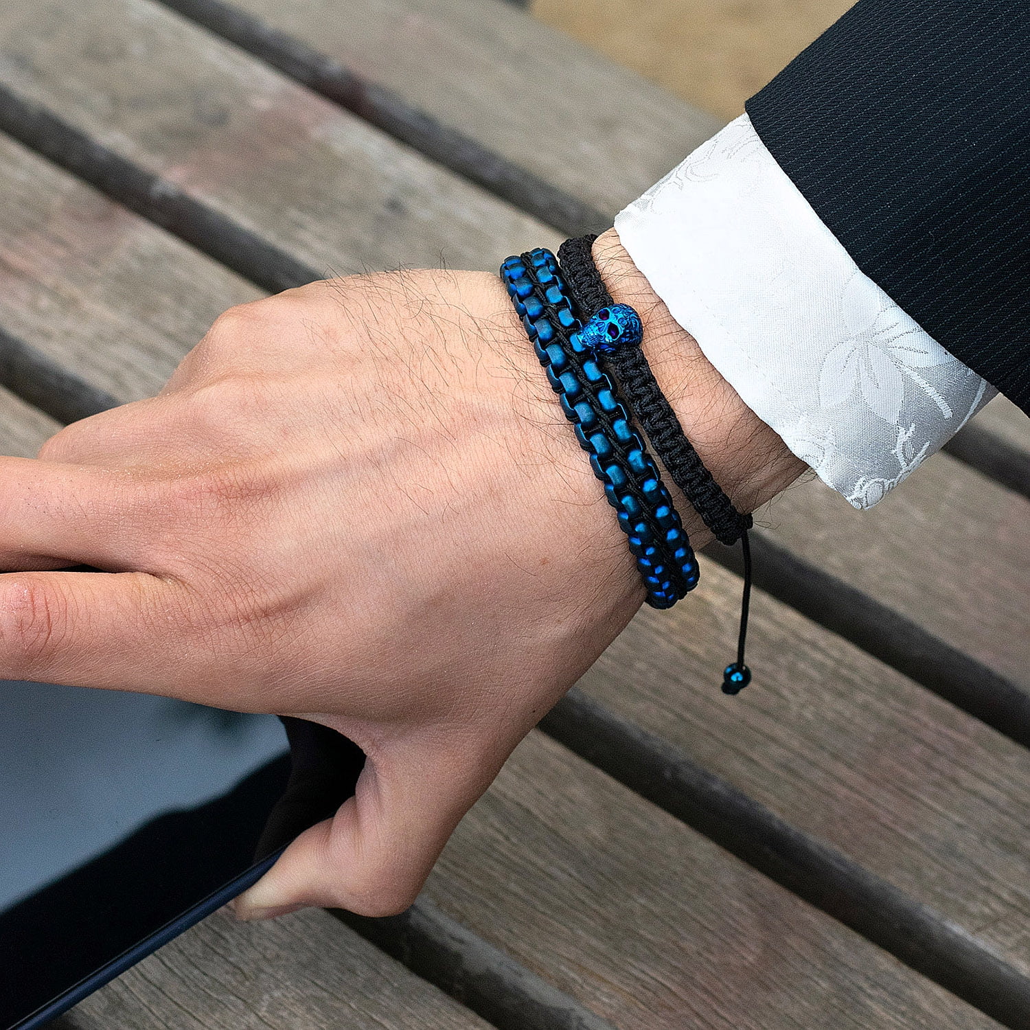 Crucible Jewelry Men's Matte Finish Double Row Box Chain Blue Plated Steel Bracelet (11mm) - 7.75" + 0.5" Ext