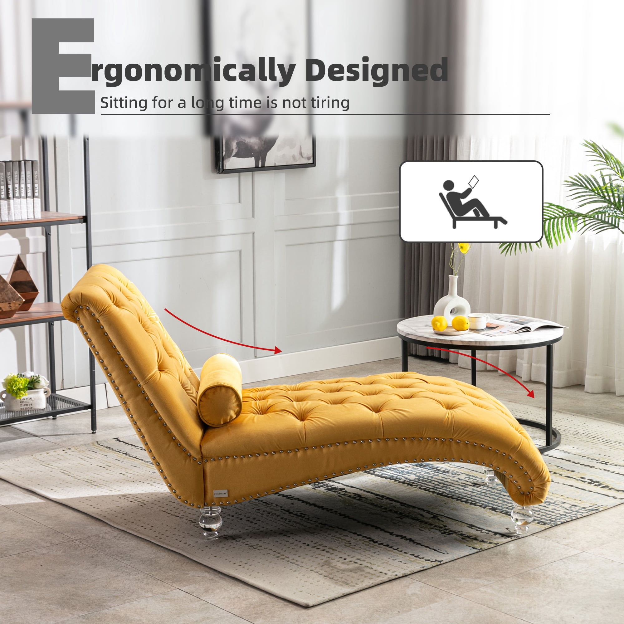 MOONMISS Velvet Chaise Lounge Chair Button Tufted Upholstered with Pillow Indoor
