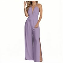 Kaemgyyd Wide Leg Jumpsuit for Women Trendy Halter Sleeveless Backless One Piece Outfit Fashion V Neck Split Flowy Pants Romper