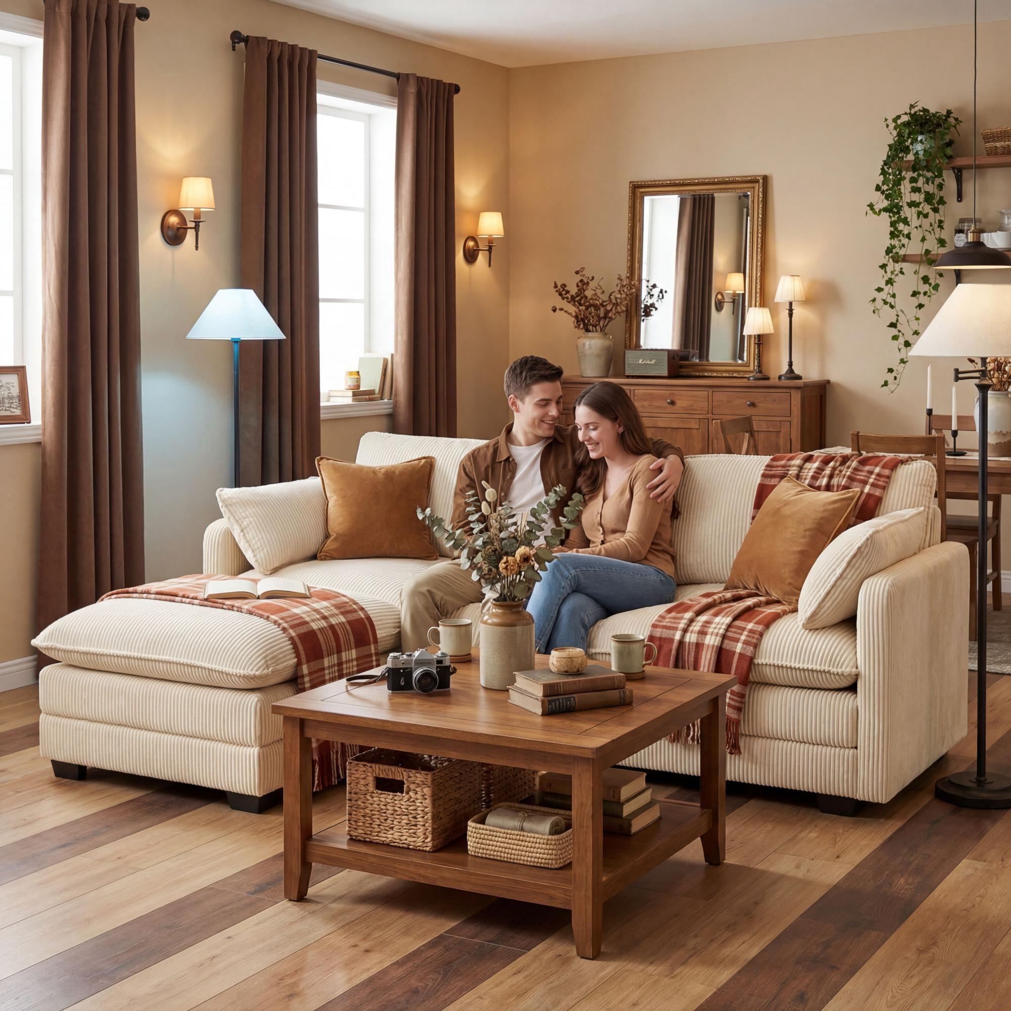 Noelse 75'' Love Seat with Movable Ottoman for Small Space Soft Corduroy Couch Sofa with 2 Pillows 2 Seater Modular Sectional Sofa for Living Room Bedroom and Apartment, Beige