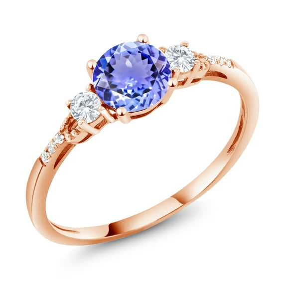 Gem Stone King 10K Rose Gold Blue Tanzanite White Created Sapphire and White Diamond Accent 3-Stone Engagement Ring for Women (1.04 Cttw, Round 6MM, Gemstone December Birthstone, Size 7.5)