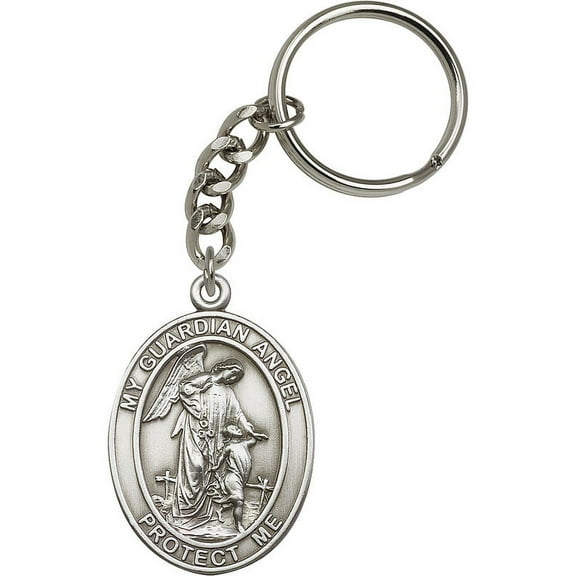 Antique Silver-Plated Guardian Angel Keychain 1 7/8 x 1 1/4 inches