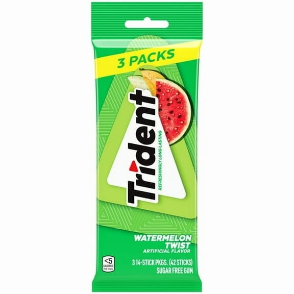 Trident Sugar Free Gum, Watermelon, 3 Packs of 14 Regular Size Pieces (42 Total Pieces) pack of 1