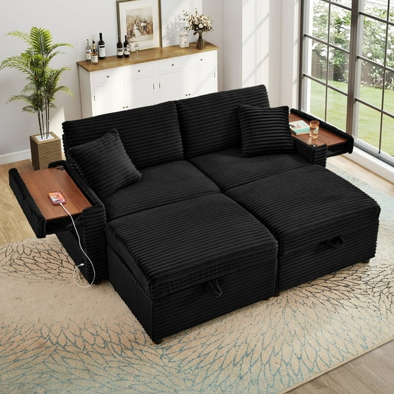 Muumblus Loveseat Sectional Sofa with 2 Storage Ottomans, Modular Cloud Couch with 2 Side Tables & USB, Plush Double Chaise Lounge Sofa Bed Indoor, Black Corduroy