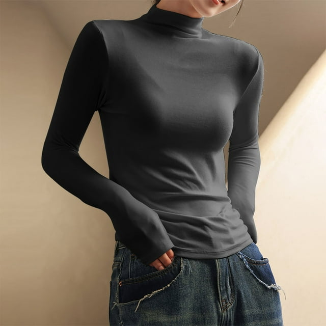 Women's Fall Winter Turtleneck Long Sleeve Shirts Solid Color Basic Thermal Underwear Tops Gray M