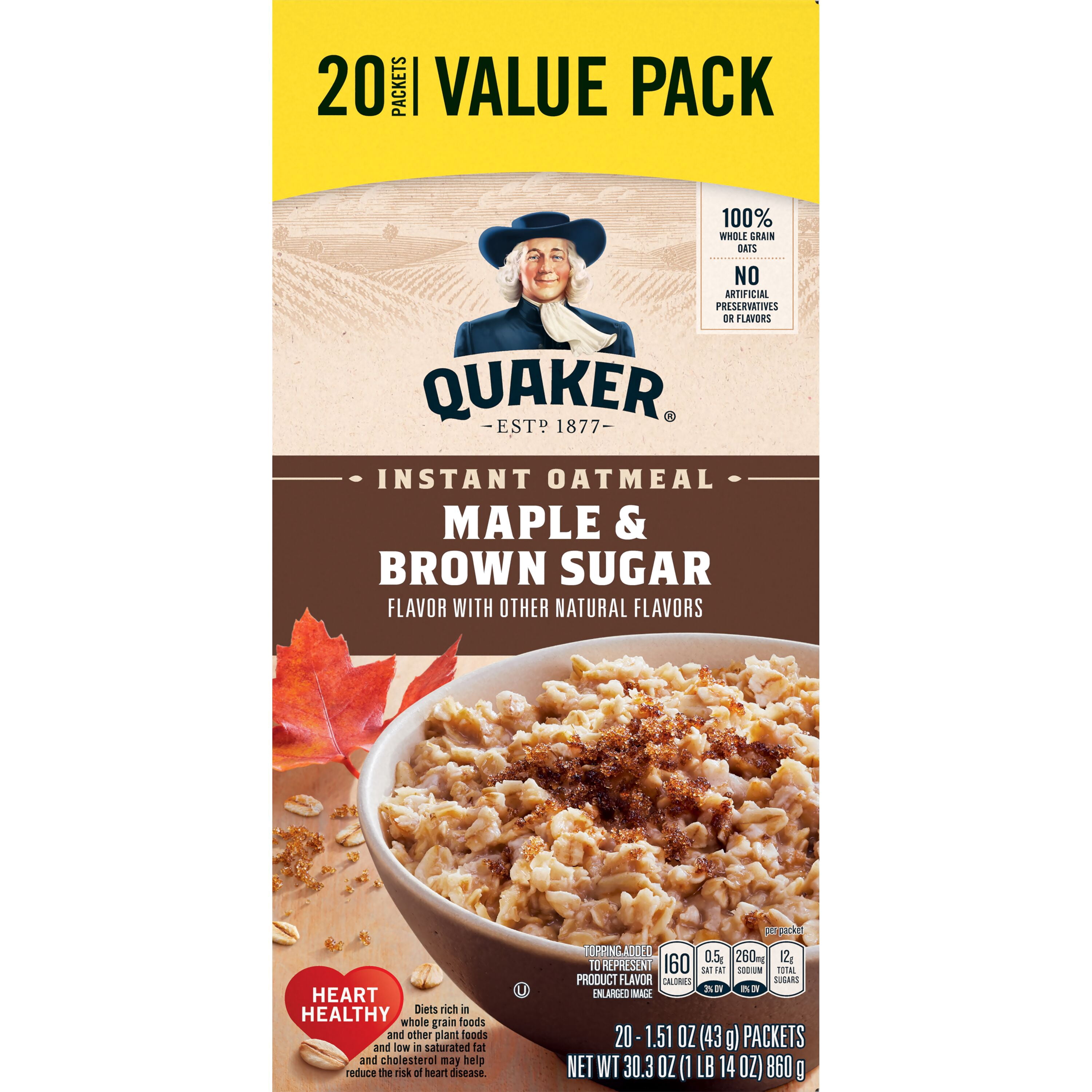 (8 pack) Quaker Maple & Brown Sugar Flavor Instant Oatmeal, 1.51 oz 20 Packets