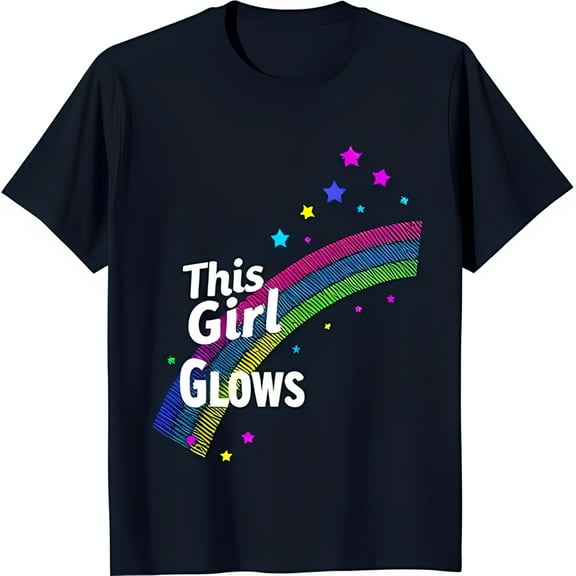 This Girl Glows T-Shirt Dark Blue Tee with Pink Accents & Rainbow Design