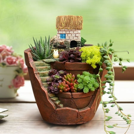 - 2PCS Flower Basket Planter Garden Potted Plant Succulents Landscape Pots Creative Garden House Resin Decoration