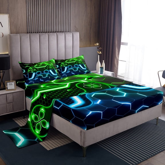 Erosebridal Video Game Sheet Set Twin,Blue Green Bedding Sets Twin Size,Geometric Decoration,Breathable,3pcs