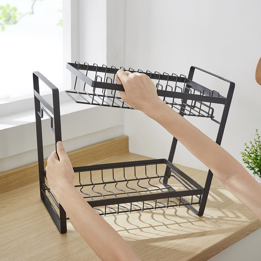 Kroyicegears 2 Tier Dish Drying Rack - Stainless Steel Dish Racks for Kitchen Counter with Drainboard and Cutlery Holder, Large, Black