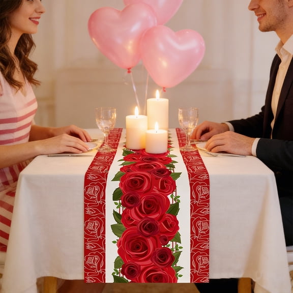 Valentine's Day Red Rose Table Runner 33x183cm - Romantic Dining Decor for Valentine’s, Weddings & Parties