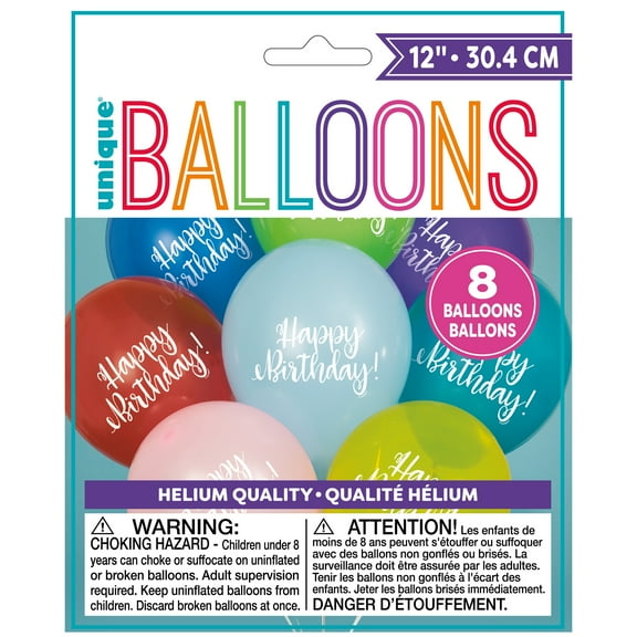 Unique Industries Latex Script 16" Multi-color Graphic Prints Happy Birthday Balloons, 12 Count