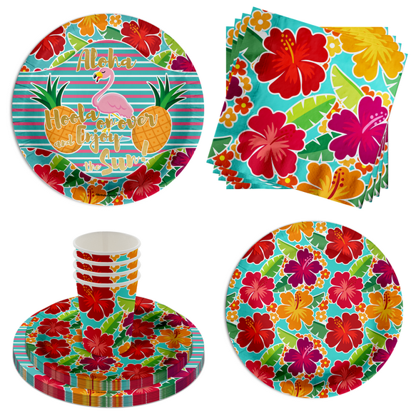 Hawaiian Hibiscus Flamingo Party Supplies - Luau Party Supplies - Summer Party Supplies 64 Piece Tableware Set Includes Large 9" Paper Plates Dessert Plates, Cups and Napkins Kit for 16