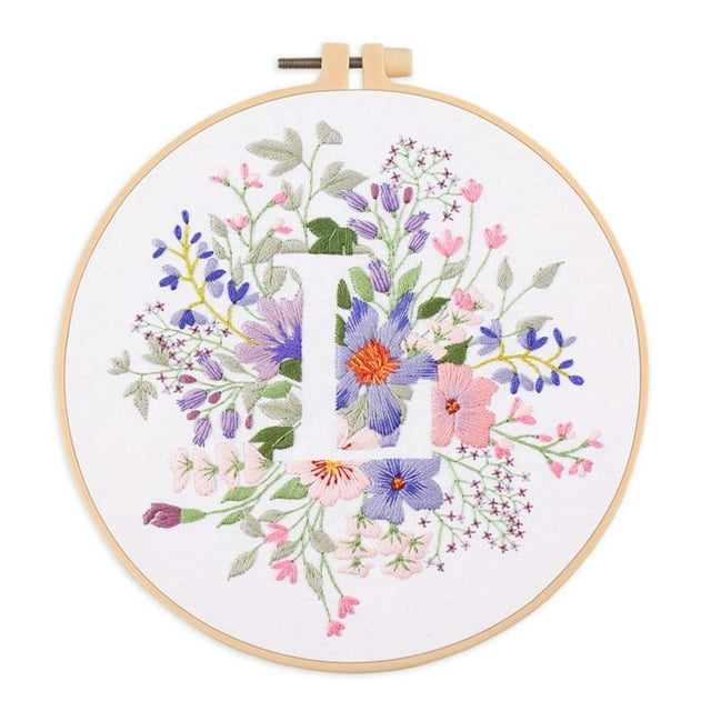 EastVita Embroidery Starter Kit for Beginners, Stamped Cross Stitch Kit with Floral Letter Pattern, DIY Embroidery Kit with Embroidery Cloth Hoops Instructions Needles Threads