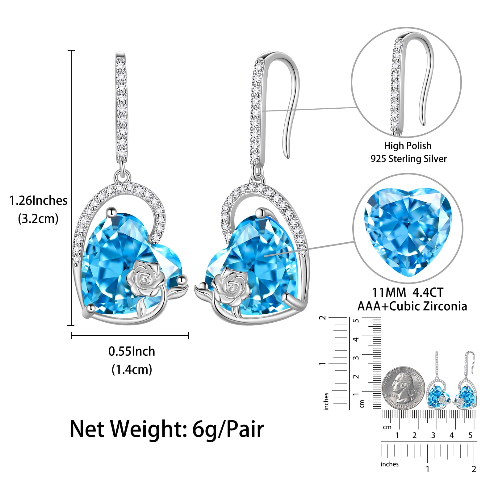 Juwaliy 925 Sterling Silver Earrings Women Heart March Birthstone Hook Dangle Earring Aquamarine Blue Rose Flower Jewelry Mother Birthday Gift