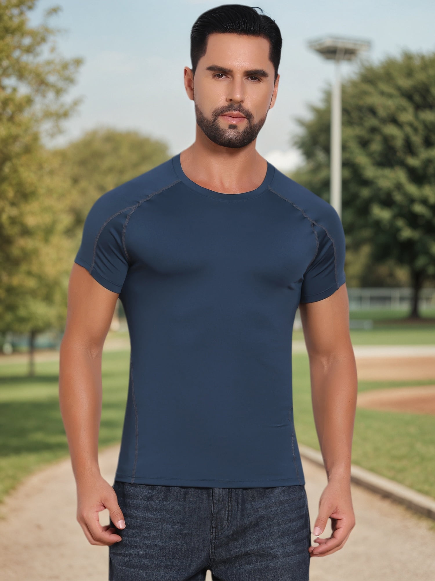 DARING DIVA Men's Workout Stretch Crew Neck Short Sleeve T-Shirt M Dark Blue