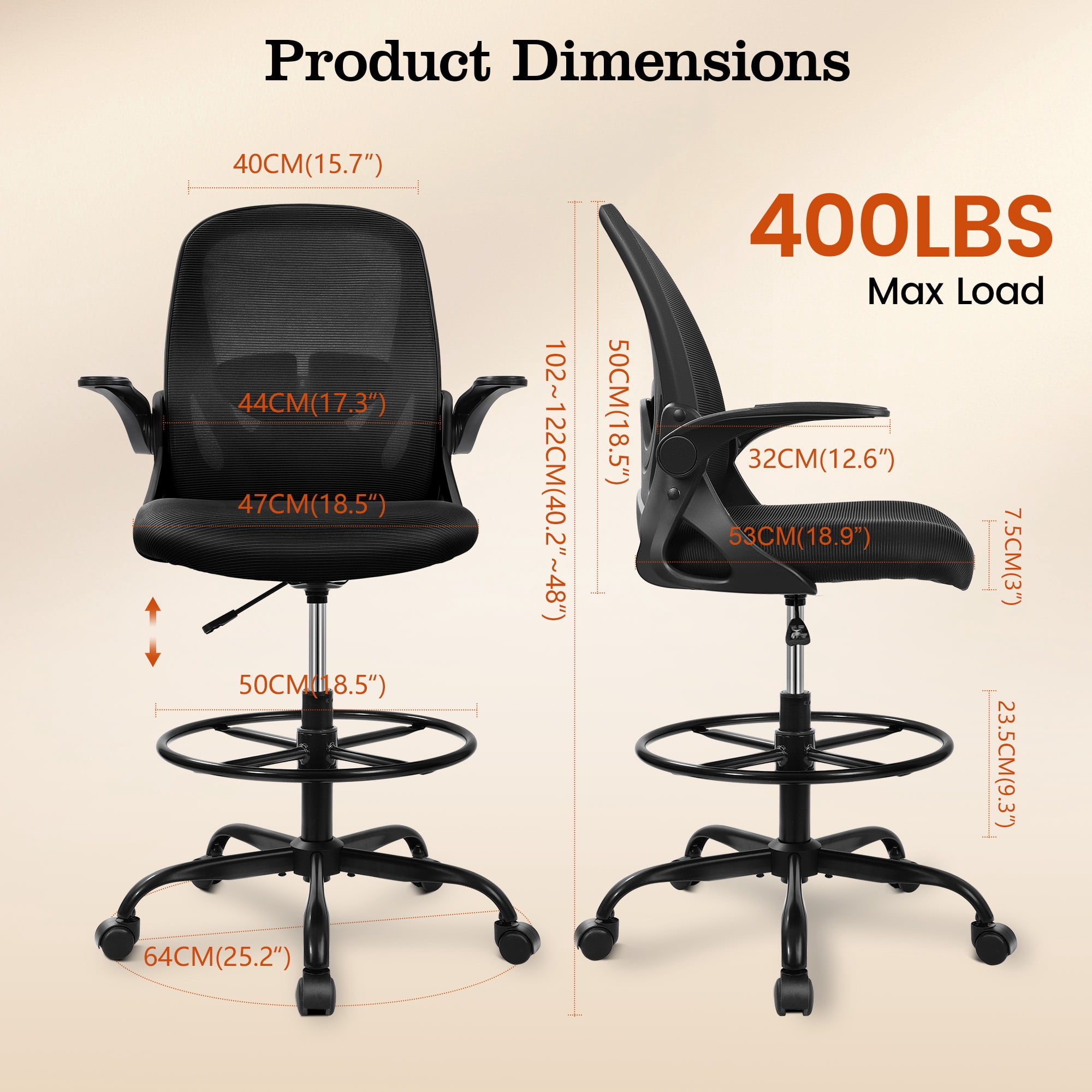 COOLHUT Tall Office Chair 400lbs with Footrest Ring, Standing Desk Chair with Flip-up Armrests, Adjustable Swivel Rolling Mesh Standing Desk Stool with Lumbar Support for Adults, Black