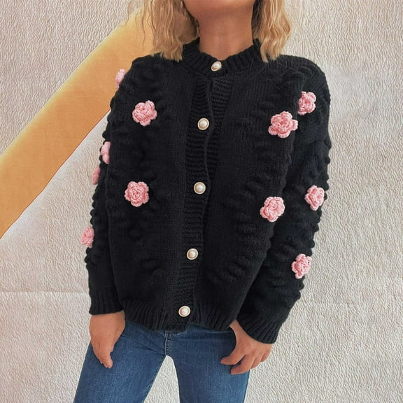Amidoa Long Sleeve Women Sweater Button up Cardigan Black Cable Knit Floral Cute Cardigans Womens Sweaters Cardigan L