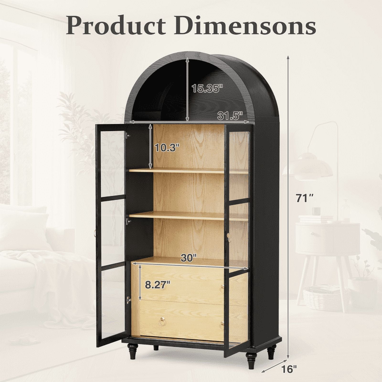 Lacoo 71'' Tall Arched Pantry Storage Cabinet with 2 Large Drawers & 3 Shelves, Display Cabinet with Glass Door for Kitchen Dining Room Living Room, Black
