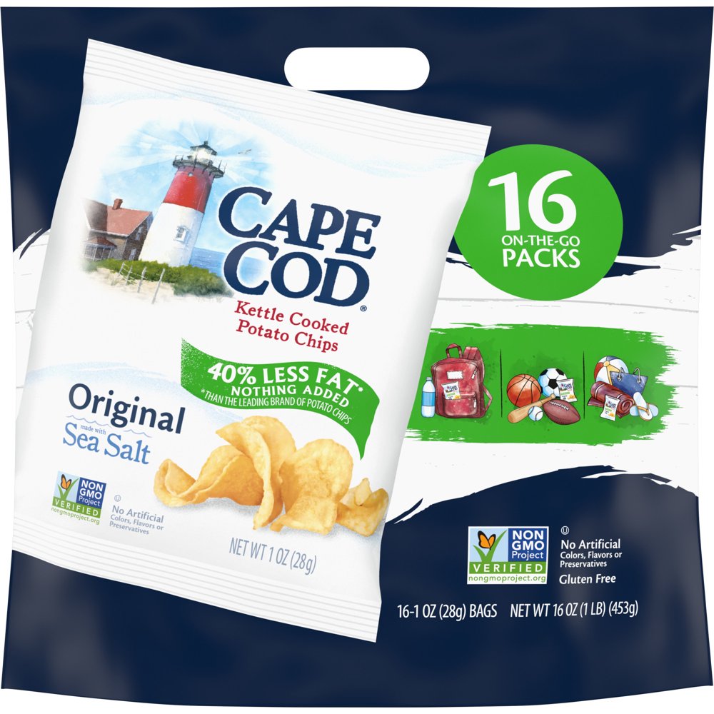 Cape Cod Potato Chips, Original Less Fat Kettle Cooked Chips, Snack Bags, 16 Ct