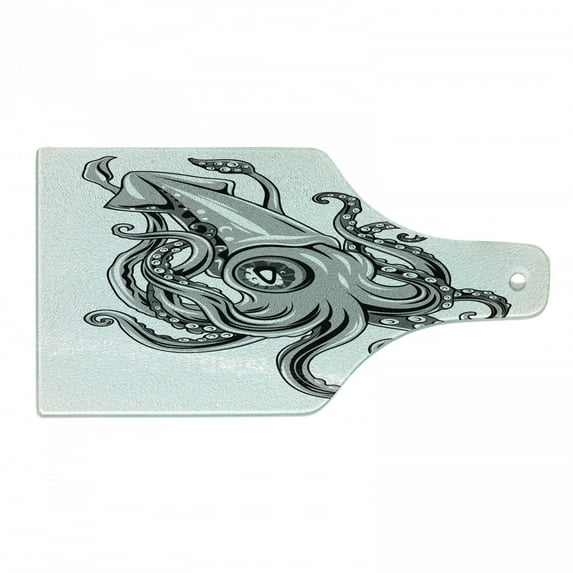 Kraken Cutting Board, Squid Fish Fins Sea Animal Cuttlefish Underwater Alien Artisan Design Print, Decorative Tempered Glass Cutting and Serving Board, Wine Bottle Shape, Grey, by Ambesonne