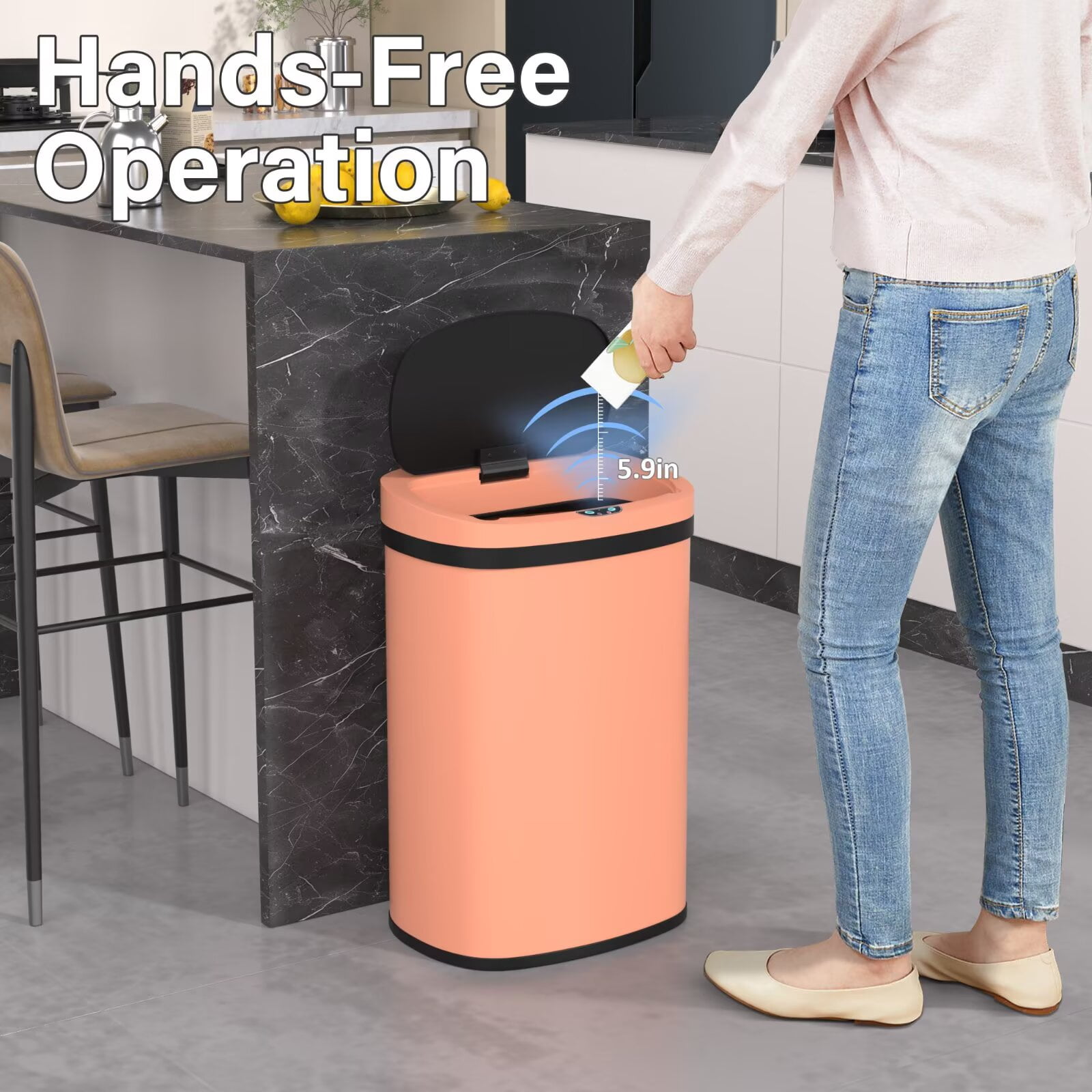 YRLLENSDAN 13 Gallon Touchless Stainless Steel Trash Can, Automatic Garbage Cans with Lid, Motion Sensor Wateproof Trash Bin for Kitchen Bedroom Bathroom Office, Pink