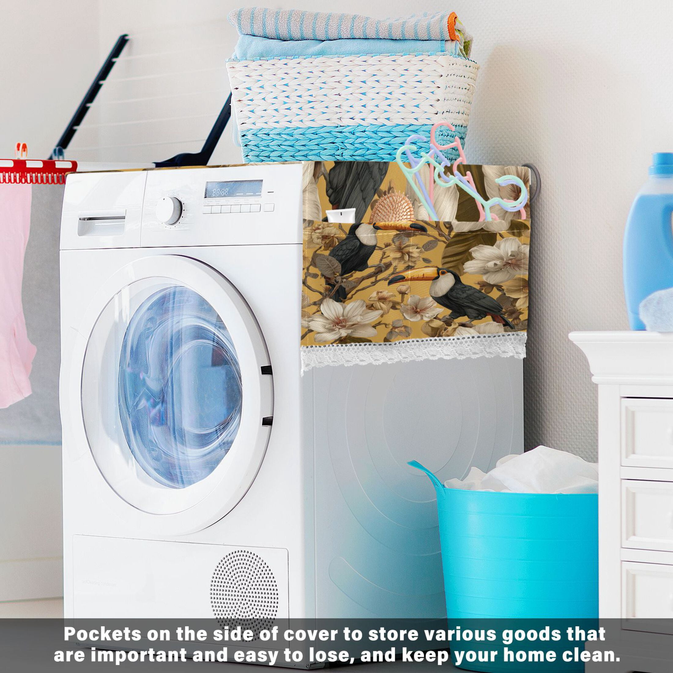 Wobogo Toucan Orchid Washing Machine Cover Dustproof Washer Dryer Cover Waterproof Laundry Room Decorative Protector