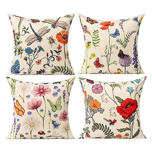 Juego de 4 fundas de cojín impermeables de 45 x 45 cm, decorativas primaverales con flores y mariposas.