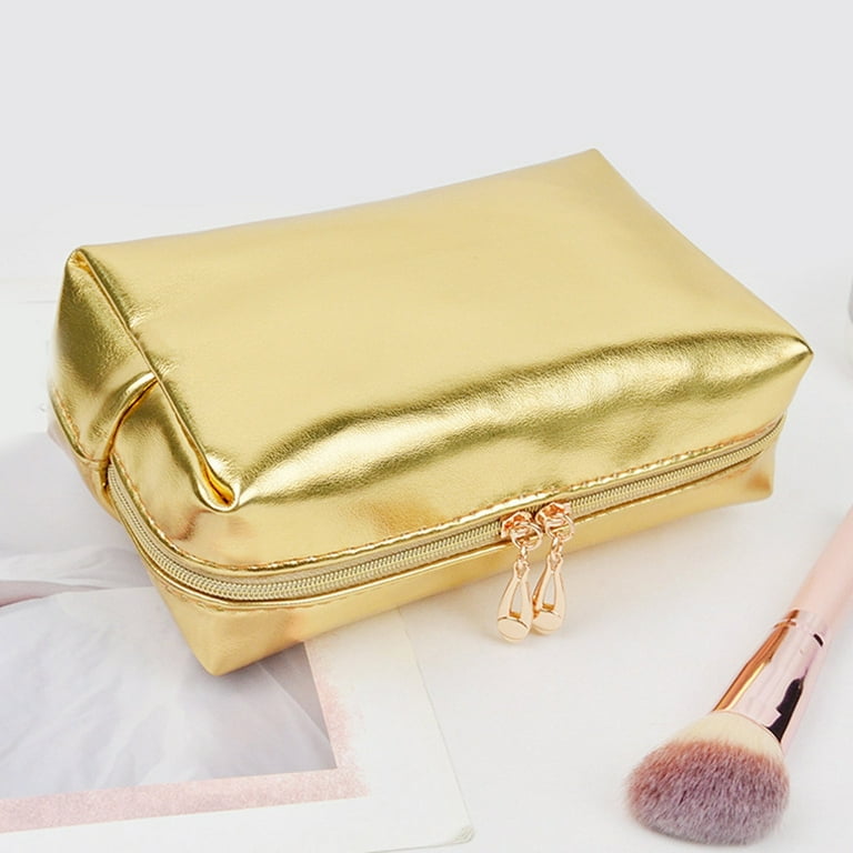 SDFGTstore Handheld PU Leather Bag Practical Gold Travel Cosmetic