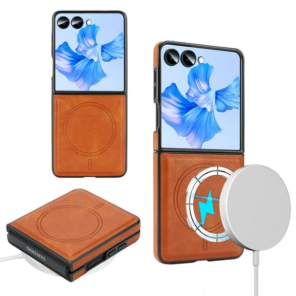 for Samsung Galaxy Z Flip 7 FE/Flip6 Case, Built-in Magnetic Compatible with Mag-Safe, [Anti-Scratch Skin-Friendly Microfiber Lining], PU Leather Slim Cover Support Magnetic Car Mount, Brown