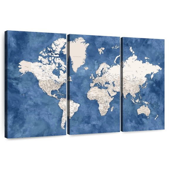 Elephant Stock Aged Wooden World Map Wall Art - Horizontal Multi Panel Canvas - Living Room Wall Decor - Map Multi Panel - White And Beige Decor - 23" x 14"