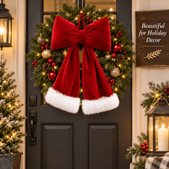 Christmas Bow, Large Red Velvet Bow with White Faux Fur Trim, 11.8 x 15 in Christmas Door Bow Hanging Holiday Decoration for Front Door, Wreath, Wall, Window and Christmas Tree