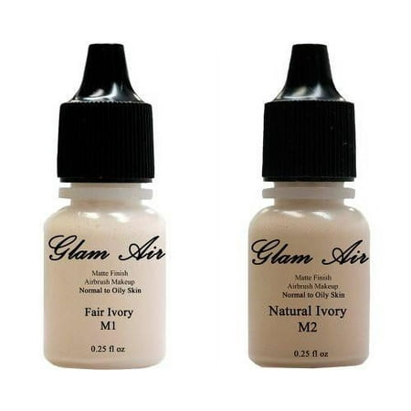 Glam Air Water-Based Makeup Foundations M1 Fair Ivory & M2 Matte Finish Natural Nude Airbrush Makeup for Flawless Looking Skin For Normal to Oily Skin - 0.25oz Bottles, Set Of 2 Shades
