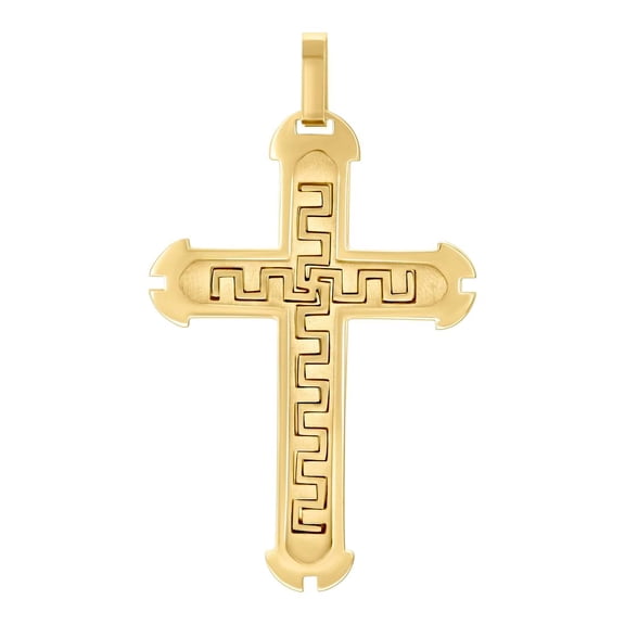 Stainless Steel Yellow-tone Mens Greek Key Cross Religious Charm Pendant Necklace for Men