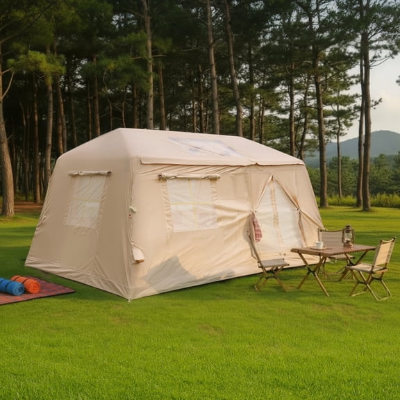 11 ㎡ Inflatable Camping Tent for 4-8 Person, 2-Room Waterproof 420D Oxford Air Tent with Hand Pump, Easy Setup 4 Season Glamping Tent with Awning, Large Family Camping Tent, Beige