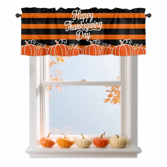 Happy Thanksgiving Day Valances for Windows, 54 x 18in, Fall Pumpkin Orange Black Stripes Rod Pocket Kitchen Valance Curtain Light Filtering Window Treatments for Living Room Bedroom, 1 Panel