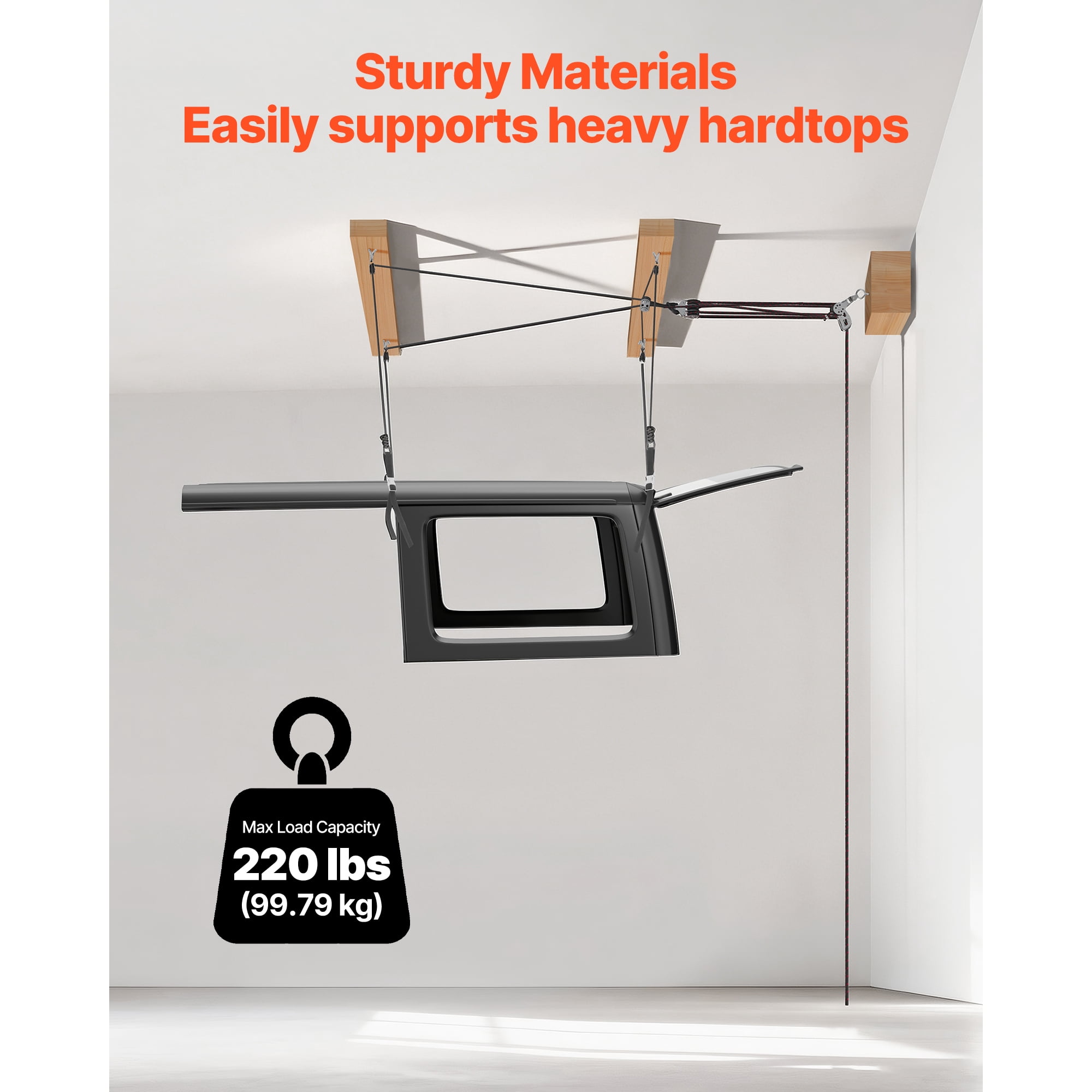 KFFKFF Hard Top Removal Lift, 220 lbs Capacity, Roof Hoist with Safety System, Simple One-Person Use, Fits 8-16 in Ceilings, Compatible with 2-Door & 4-Door Jeep Wrangler JK JL & Ford Models