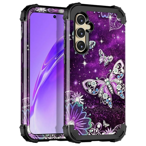 Casetego for Samsung Galaxy S24 Case,Heavy Duty Shockproof Protection Phone Cover for Women Girls,Shiny Purple Butterfly