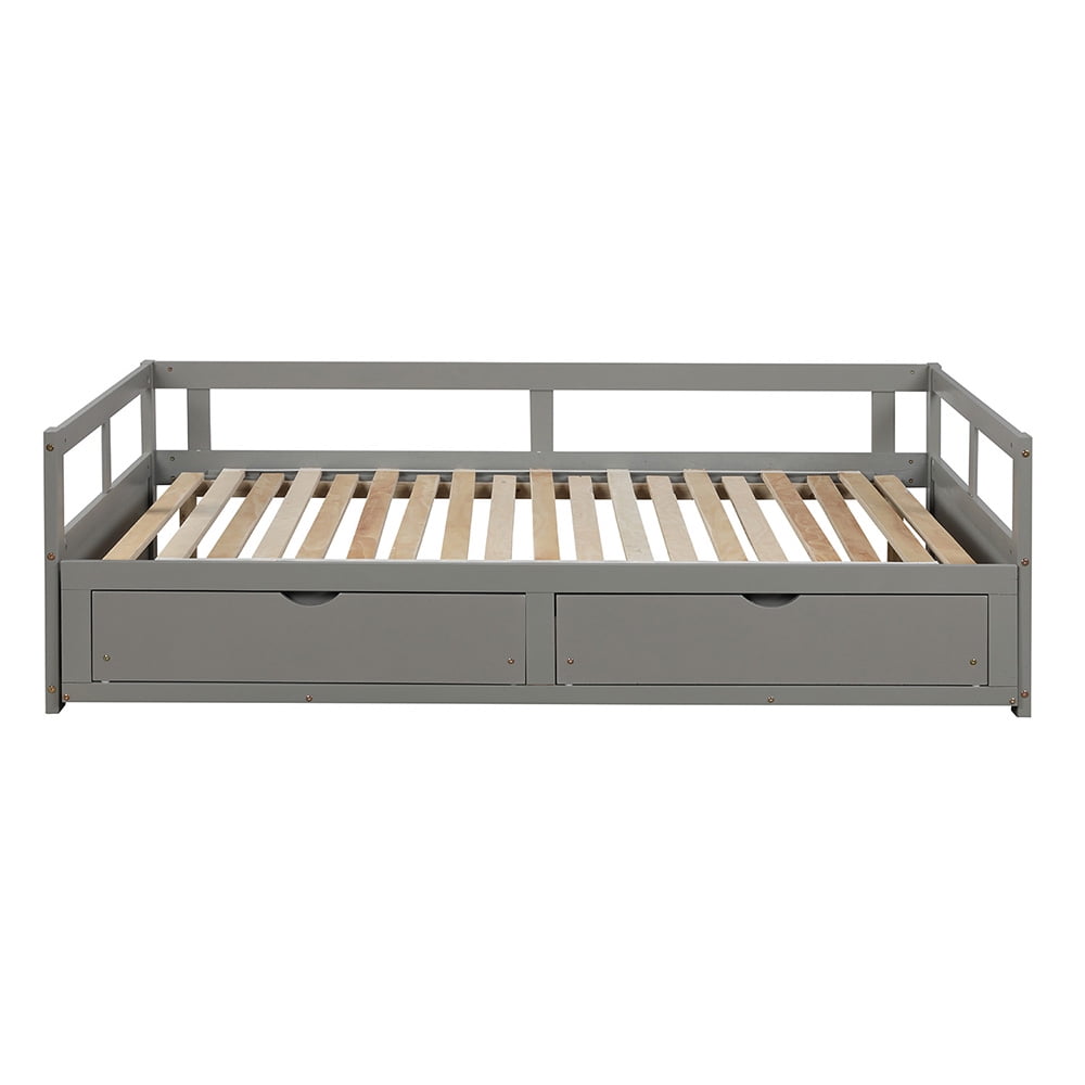 Lowestbest Wooden Daybed with Trundle Bed and Two Storage Drawers, Extendable Bed Daybed