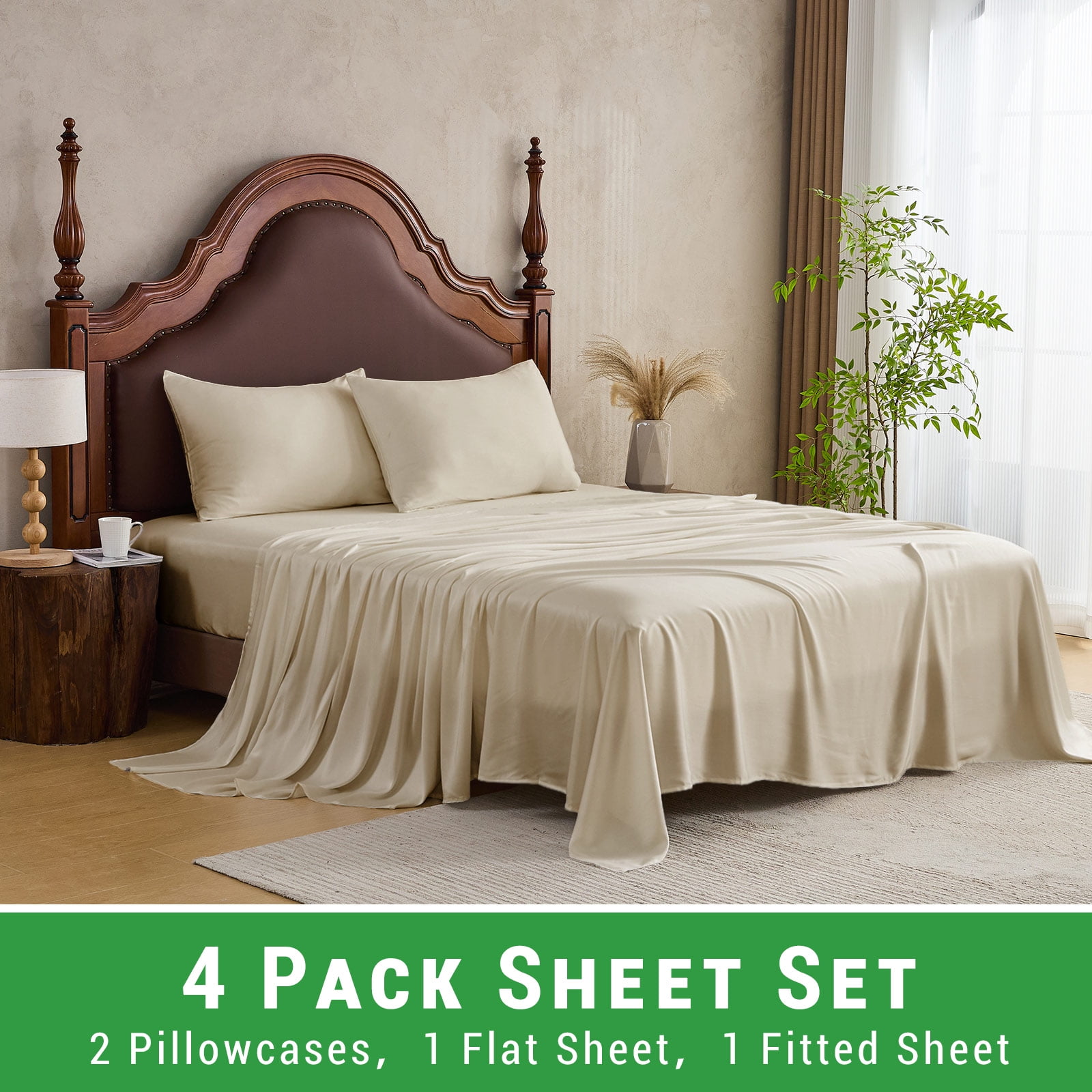 Gogreen 4PC Bamboo Queen Sheet Set, Deep Pocket Fit 16", Breathable Super Soft Luxury Hotel Style Home Decor Queen Size Sheet Set, Gift for Women, Men - 2 Pillowcases, 1 Flat Sheet, 1 Fitted Sheet