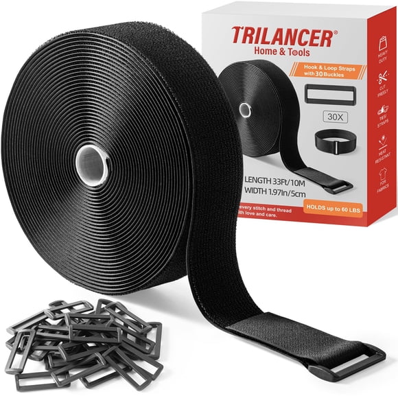 Trilancer Sangles Robustes à Crochet et Boucle 10 m x 5 cm avec 30 Boucles, Ajustables, Découpées en Longueur, Sangles de Serrage Réutilisables pour Secu