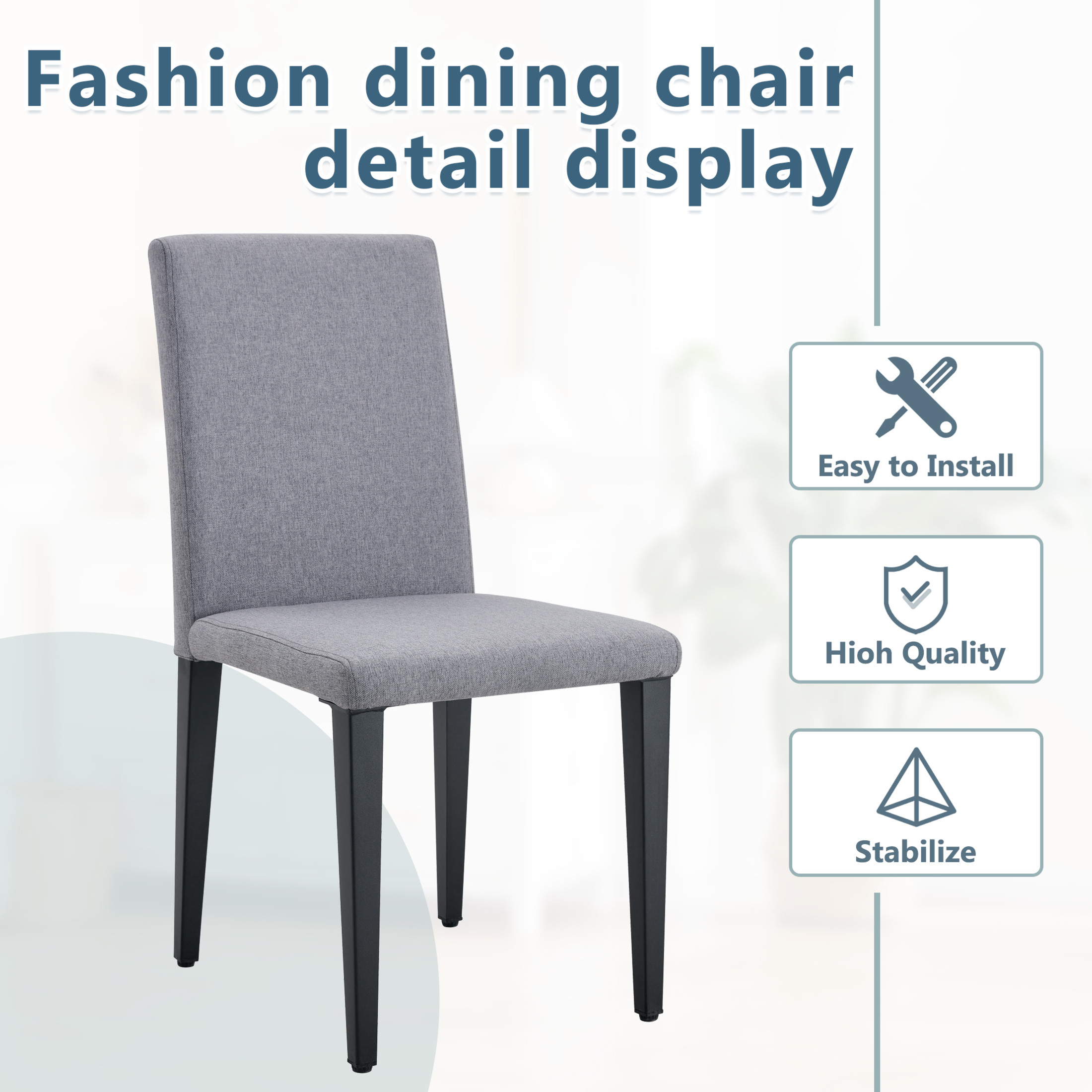 Noble House 35.4" Dining Chairs, Linen-Cotton Upholstered, Black Metal Legs, Breathable Comfort, Light Gray, Set of 4