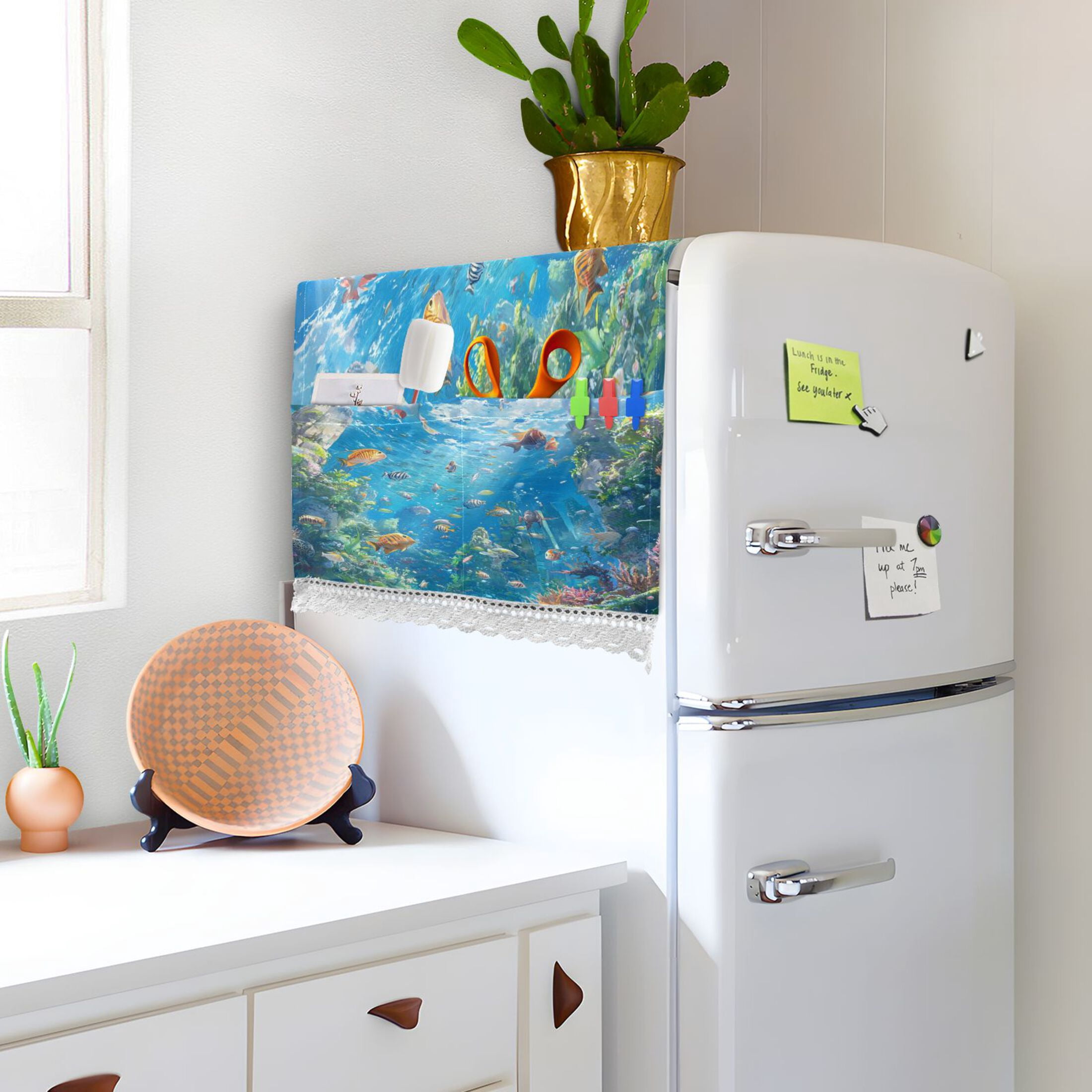 Undersea WorldWasher and Dryer Covers Dust-Proof and Oil Resistant Fridge Cover with 4 Storage Pockets Washing Machine Top Cover for Laundry Kitchen Home 51.2 x 22 In