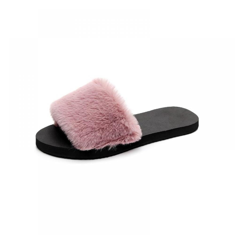 Stibadium Women's Plush Faux Fur Fuzzy Slide on Open Toe Slipper with