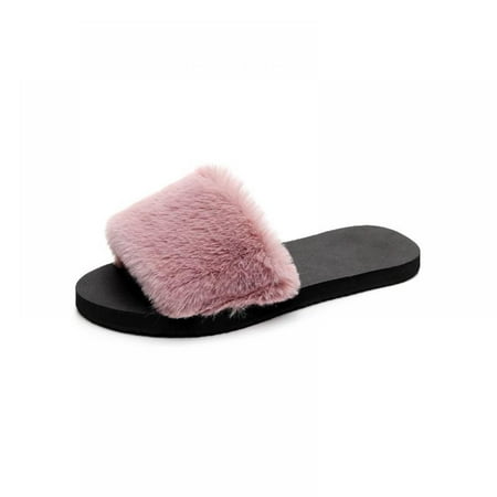 

Women s Plush Faux Fur Fuzzy Slide on Open Toe Slipper with Memory Foam Open Toe Slippers with Arch Support Anti Skid Ladies Slip On Fur Slide Slippers House Shoes Mules Indoor Outdoor