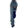 thumbnail image 3 of Franhais Women Straight Denim Pants, Side Pockets Ripped Cutout Long Street Casual Trousers, 3 of 5